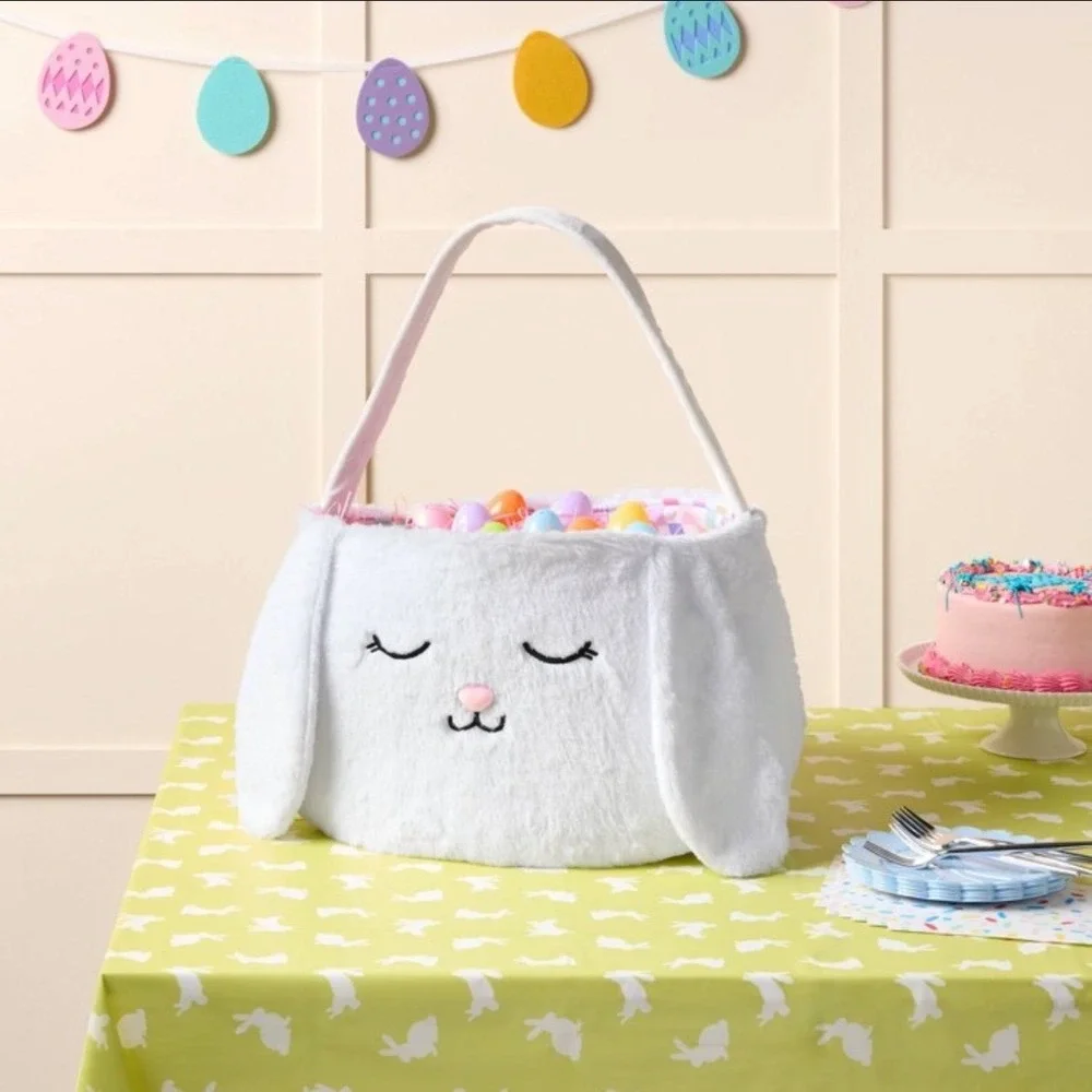 Spritz Jumbo‎ Plush Bunny Easter Basket White Faux Fur Pastel Checkered Lining